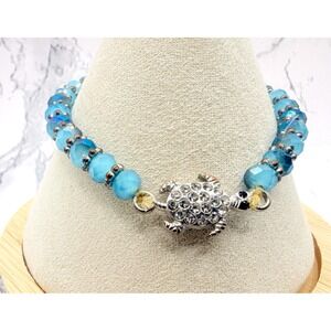 Blue Faceted Glass Bead Stretch Bracelet Sea Turtle Rhinestone Silver Tone 6.5"